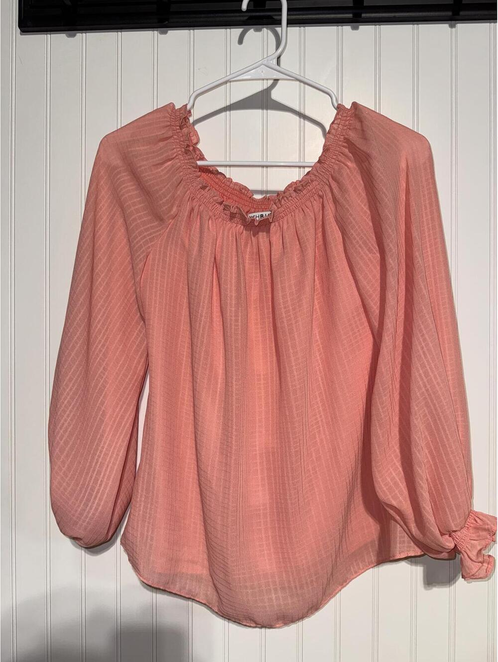 WHBM Peach Coral Smocked Off Shoulder Peasant Blouse Sheer Bell Sleeve Adult XS